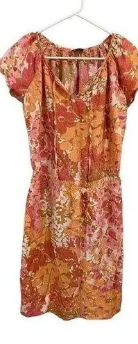 Talbots  Petite Small Pink Orange Floral Dress Cap‎ Sleeve V Neck Midi 100% Silk