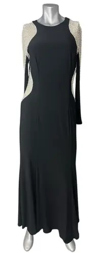 XScape Black Beaded Illusion Long Sleeve Bodycon Dress Size 14 Fancy Party