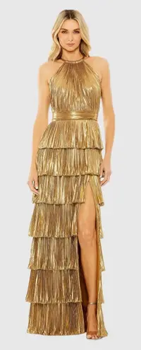 Mac Duggal NWT 30763 Gold High Neck Pleated Tiered Ruffle Metallic Gown Size 12