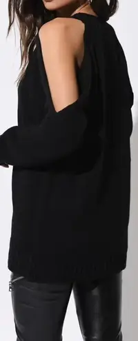 Heart black cold shoulder hairy knit sweater black faux fur balls size L Size L