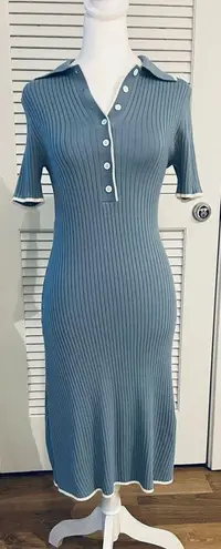 Merokeety Women's V Neck Ribbed Knit Midi Dress Short Sleeve Button Small
