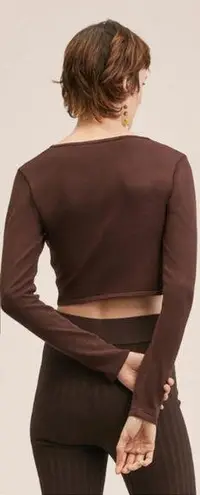 Mango NWOT  Long Sleeve Cut-Out V-Neck Knitted Cropped Sweater Chocolate Womens S