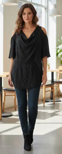 Madison Marcus Black Beaded Cold Shoulder Drape Neck Tunic Top XS