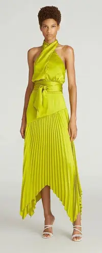 AMUR Dixon Citrine Lime Green Pleated Halter Satin Midi Cocktail Dress Sz 4 NWT