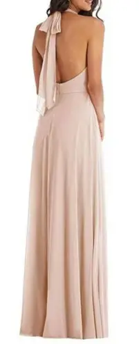 After Six High Neck Halter Backless Maxi Dress Cameo 1545 Size 10R NWT Glam Tan