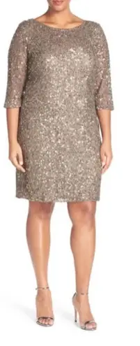 Pisarro Nights Draped Back Sequin Beaded Dress Mocha 20W Tan