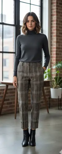 Akris Punto Tan & Black Glen Check Plaid Cuffed Trouser Pants Size 8