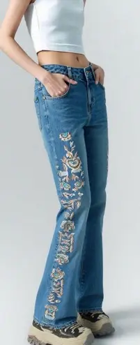Y2K Vintage Embellished Embroidered Beaded Flare Jeans Low Rise 2000s Fairy Boho Blue Size 27