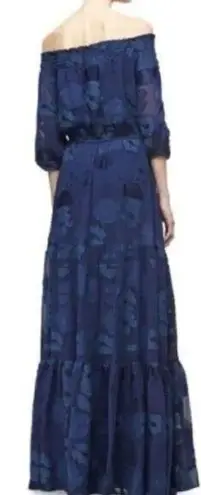 Shoshanna Midnight Off-The-Shoulder Jacquard Tiered Maxi Dress in Navy