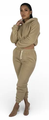 NWT Parisian Crop Sherpa Hoodie Jogger Set Womens 8 Tan Loungewear Cozy Neutral - Image 1