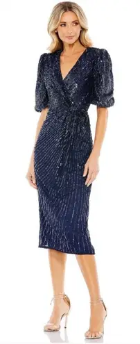 Mac Duggal 5578 Sequined V Neck Short Puff Sleeve Midi Dress Blue Size 14