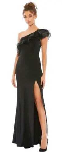 Mac Duggal One Shoulder 80s Retro Glam Ruffle Trim High Slit Black Gown 6 NWT