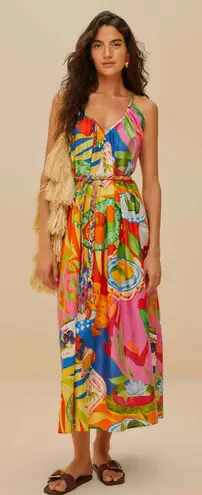 Farm Rio NWT Summer Picnic V-Neck Midi Dress w/ Braided Belt Size M