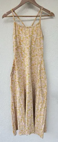 Pact Fit Flare Yellow Midi Floral Organic Cotton Dress L Strappy Casual Pockets Size L