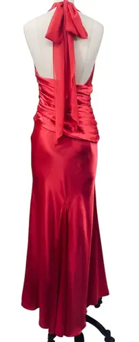 Vintage Y2k Satin Halter Neck Gown Ruched Mermaid Ruffled Slits Coral Hot Pink 4