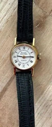 Bulova Accutron Rare Vintage Ladies Watch Gold Filled Case White Dial Leather
