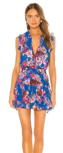 MISA Los Angeles Sabine in Digital Print Floral Blue Pink Mini Dress L Large