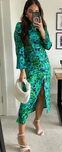 ZARA dress midi Floral ruched Wedding long sleeve green blue boho summer vacation