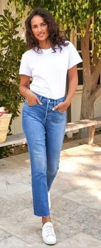 Frank & Eileen Cork Everyday Straight Leg Jeans Raw Hem in Antique Blue Size 25