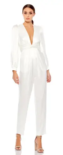 Mac Duggal Ieena for Mac Duggal Long Sleeve Ruched Plunging Neck Satin Jumpsuit