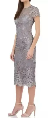 JS Collections NWT Size 8 Lace Embroidered Sheath Dress Taupe Illusion Overlay