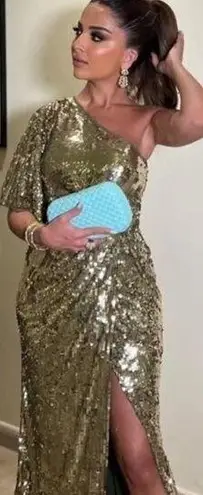 Mac Duggal One-Shoulder Sequin Column Gown in Gold Size US 12 NWT