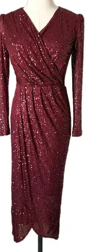 Ivy City Co Sequin Starstruck Long Sleeve Midi Dress Wine Formal Size XS Red