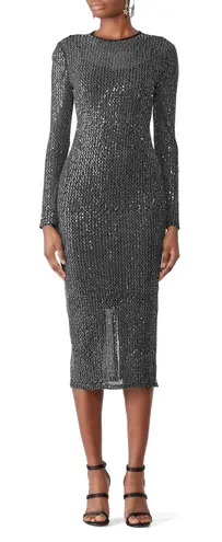 Rachel Roy Charcoal Silver Sequined Long Sleeve Cocktail Party Midi Dress Sz XS Black