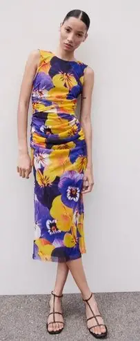 ZARA New Medium Blue Yellow Floral tulle Mesh Blogger Bodycon MIDI Dress