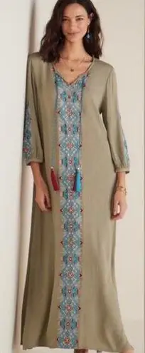 Soft Surroundings NEW PM 10-12 Sicily Guaze Boho Embroidered Maxi Dress in Olive