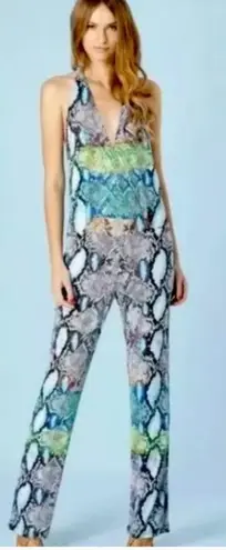 Hale Bob Sienna Halter Snakeskin Jumpsuit Snake Resortwear Party Blue Green