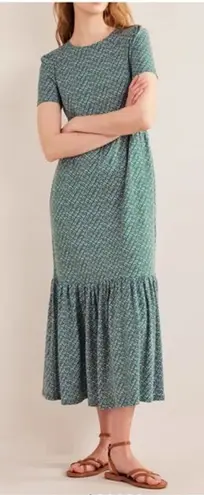 Boden Womens Emma Tiered Jersey Midi Dress Bottle Green Bloom Bud 14 R Size 12