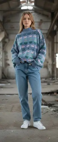 Pierre Cardin VINTAGE 80’s Blue and Green Bunny print Mock Neck Sweater Size XL - Image 1