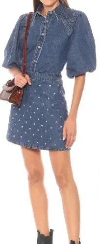 Ganni Studded High Waist Organic Denim Mini Skirt Blue Y2K Streetwear 32 US 0