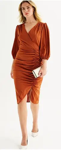 Maison Tara Rust Satin Ruched Midi Dress Size 4 Puff Sleeve Wrap Cocktail Orange