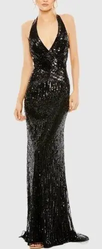 Mac Duggal NWOT Sleeveless Faux Wrap Sequin Embellished Cut Out Back Black Sz 4