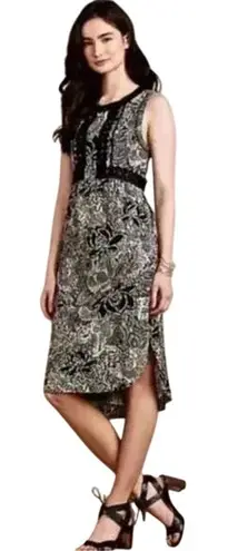 Holding Horses Floral Print Midi Dress Size 2 Black Cream Sleeveless High Low - Image 1