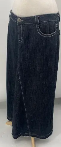 Vintage Y2k Denim Maxi Skirt Low Rise Godet Panel A Line Raw Hem Dark Wash 12/14 Blue