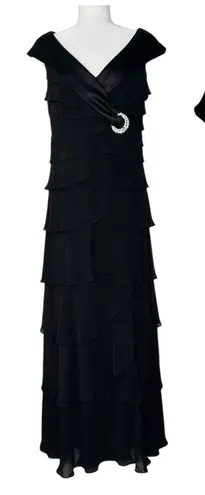 Alex Evenings Dress 12 Tiered Ruffle Chiffon Satin Gown Rhinestone Shawl Collar