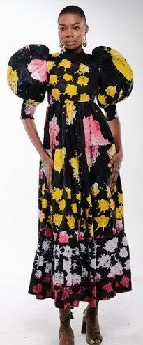 Splash NWT Busayo Bayo Puff Sleeve Cotton Maxi Dress  Paint Floral Print Large