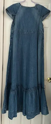 Free People Roucha Maxi Dress Blue Shadow Tie Waist V Neck Denim Size Medium NWT