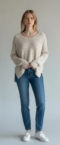 Cream Open Knit V Neck Long Sleeve Oversized Tunic Sweater Women XS Tan