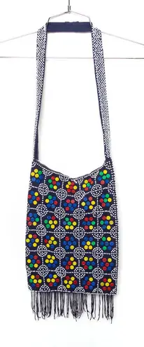 VTG 60s Candy Dot Button Bead Hippie Shoulder Bag Blue