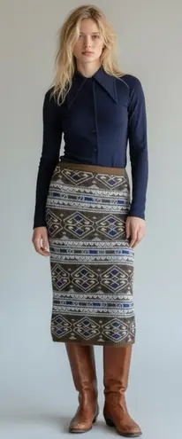 Vintage 70s Wool Acrylic Fair Isle Midi Sweater Skirt Size Small Brown Blue