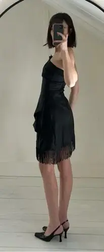 Alyn Paige Vintage Y2K Asymmetric Fringe Hem Strapless Mini Dress Size 5/6 Black