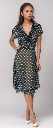 MSK Dress Size 4 Polka Dot Navy Pink Faux Wrap Ruffle Midi Short Sleeve Blue