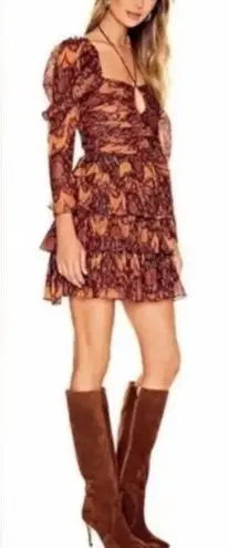 Revolve House of Harlow The Neck Ruffle Mini Dress Long Sleeve Rust Copper Sz M Size M