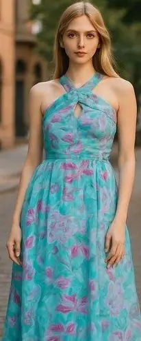 NWT R&M Richards Printed Cross Over Halter Dress In Color Jade / Pink Blue Size 14W