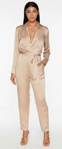 Adelyn Rae XS Kiara Long Sleeve Satin Jumpsuit Champagne Tan Beige New With Tags