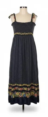 Vintage Floral Maxi Dress Navy Blue Polka Dot Smocked Tie Strap Summer Casual Size XL